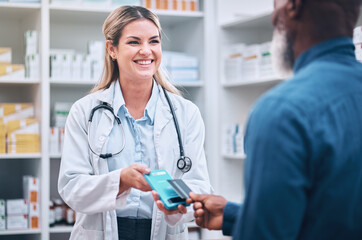 Pharmacist, payment or customer with credit card for medicine or buying. Pharmacy, woman or black man pay for pills, medical treatment or paying for prescription, clinic dispensary or pharmaceutical