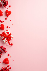 St Valentine's Day concept. Top view vertical photo of small giftbox with ribbon bow heart shaped candles and sprinkles on isolated pastel pink background with empty space