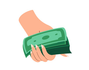 Hand Palm taking pile of money,Green Bills,Notes. Cash money, Finance icon. Financial capital, wealth, profit, bonus and savings concept. Flat vector illustration isolated on white background