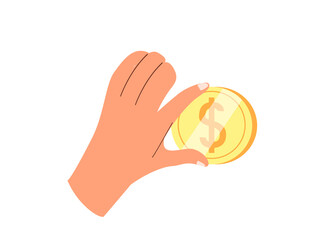 Coin in fingers. Hand holding cash money, dollar cent, gesturing OK. Finance bonuses and benefits, cashback, help, donation and charity concept. Flat vector illustration isolated on white background