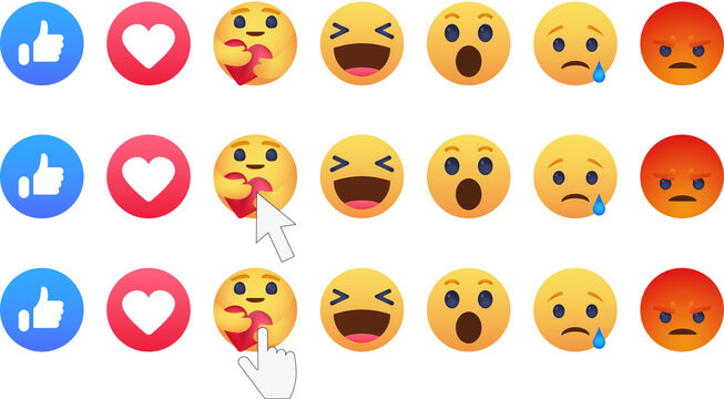 Facebook emoticon buttons. Collection of Emoji Reactions for Social Network. Kyiv, Ukraine - Dec 21, 2022