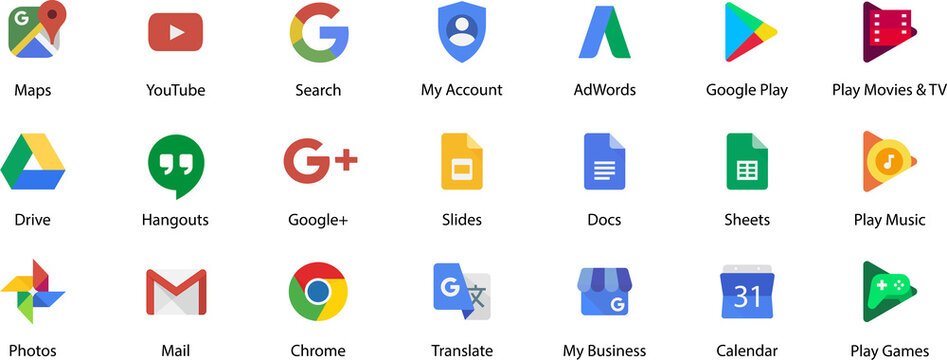 Google applications symbols. Official logotypes of Google Apps. Kyiv, Ukraine - Dec 21, 2022