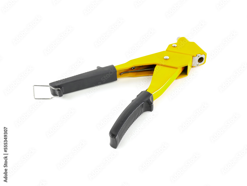 Wall mural hand rivet pliers is tool for attaching riveter. yellow rivet pliers with black handle isolated over