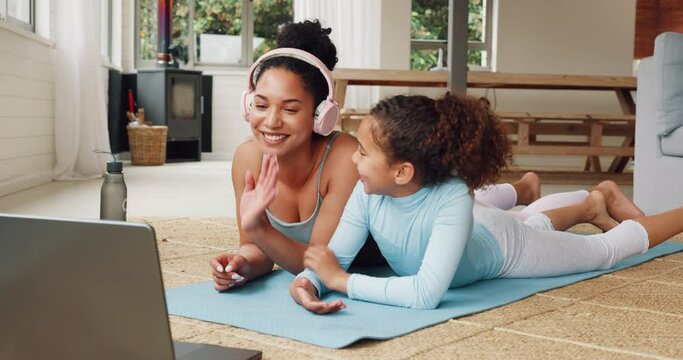 Video call, laptop and mother with girl after exercise, yoga and fitness training together in family home. Communication, love and mom and child wave on video conference on yoga mat after workout