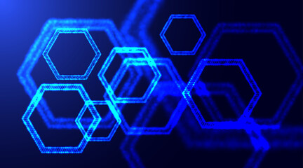 Obraz na płótnie Canvas Hexagonal technology abstract background. Glowing neon particles honeycomb shapes. Abstract molecule model. Scientific research in molecular chemistry. The Graphene molecular atomic hexagonal