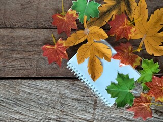 Obraz premium autumn leaves and book on wooden background