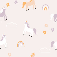 Cute unicorns and rainbow seamless pattern. Funny baby fairytale print in pink tones. Vector illustration in Scandinavian style. Nursery design for fabric, wallpaper, interior