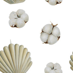 Cotton and candles watercolor seamless pattern. Hand drawn clipart isolated on white background. Holiday winter print. For wedding invitation, textile, scrapbooking, card, invitation, tags, printing