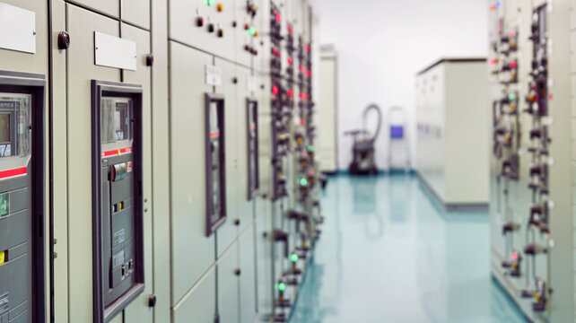 A large power distribution control cabinet is installed in the power control room inside the building. Industrial, technology and energy saving concepts.