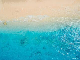 Sandy beach with blue ocean. Aerial view of holidays beach on Hawaii island