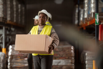Fototapeta na wymiar A female warehouse worker wearing protective clothing is carrying a box in a large warehouse.