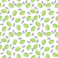 Vector seamless pattern of green limes and leaves. Fruity citrus pattern on a white background in a flat style. Ideal for printing on fabric, wrapping paper, wallpaper, etc.