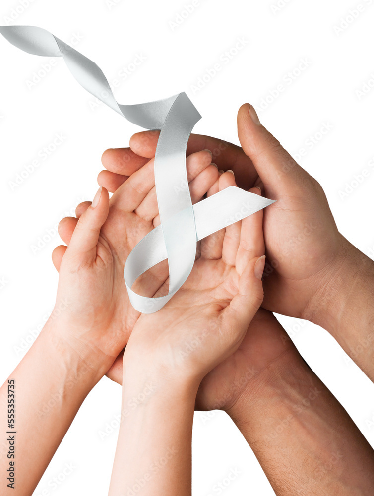 Sticker Human hands holding light ribbon, Symbol for support who living with cancer.