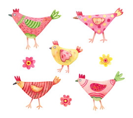 Set with decorative colorful hens. Hand painted watercolor illustration isolated on white. Great for Easter cards design, posters.