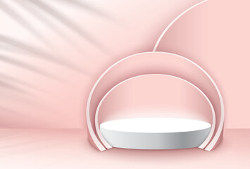 Abstract 3D room with realistic cylinder pedestal stand podium. Minimal scene for product display presentation. Vector geometric platform. Stage for showcase.