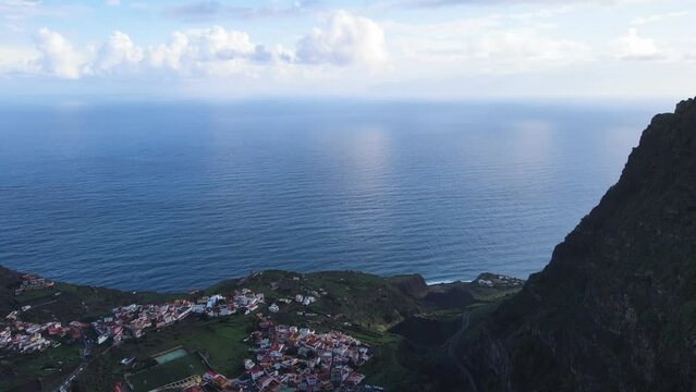 Aerial view of mountain village Agulo around Mirador de Abrante on La Gomera island. Beautiful village on island
