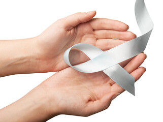 Human hands holding light ribbon, Symbol for support who living with cancer.