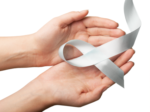 Human hands holding light ribbon, Symbol for support who living with cancer.