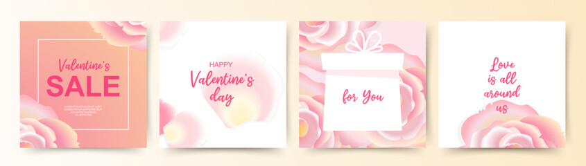 Happy Valentine's Day Romantic creative set of cards. Modern design templates with rose flowers.Vector for festive banner, poster, social media, sale,celebration decor, ads,branding,wedding invitation