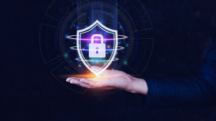 Computer network protection, secure and safe your data concept, businessman holding shield protection icon, Security shield Lock Security Businessman Protect Concept