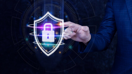 Computer network protection, secure and safe your data concept, businessman holding shield protection icon, Security shield Lock Security Businessman Protect Concept