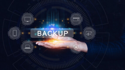 Obraz premium Internet data storage backup, technology business concept, Cloud technology, Data storage, Networking and internet service concept.