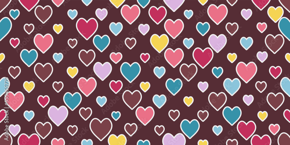 Poster Colorful background with hearts. Seamless pattern for print and decor. Suitable for textiles and packaging, seamless prints.