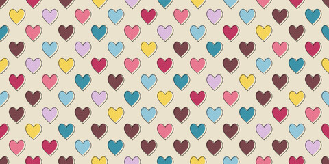 Colorful background with valentine hearts. Seamless pattern for print and decor. Suitable for textiles and packaging, seamless prints. Colorflul hearts wallpaper.