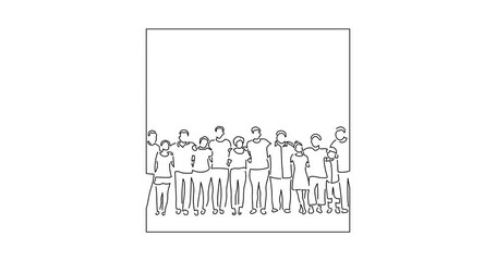 Group of people united in line art animation. Composition of casual people. Black linear video on white background. Animated gif illustration design.