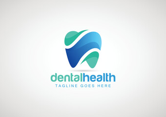 Obraz premium Blue And Green logo with tooth and design template for dental clinic, dentist, teeth care or oral hygiene concept
