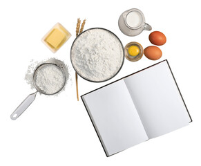 Collection of baking ingredients, flour, milk and eggs