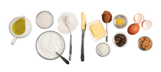 Fototapeta na wymiar Ingredients for baking, eggs, flour, butter, milk