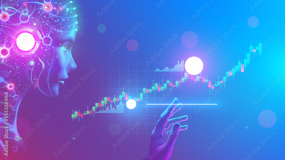 Poster AI in business, fintech. Face of artificial intelligence with mind looking at trading charts information. neural networks analysis finance economic digital data. Robot trader works stock exchange.