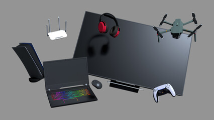 3d model and render of TV and computer equipment with a game console for advertising and sales.