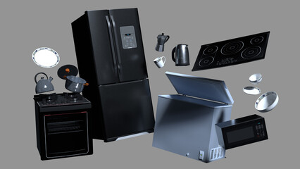 3d render and illustration of kitchen appliances for advertising and sale.