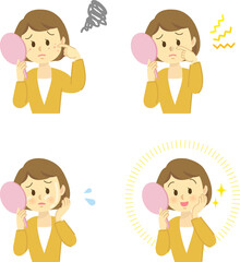 イラスト素材セット：肌トラブル　若い女性がお肌の老化を鏡で見て悩む姿　オイリー/毛穴の黒ずみ/ニキビ（透過背景）
