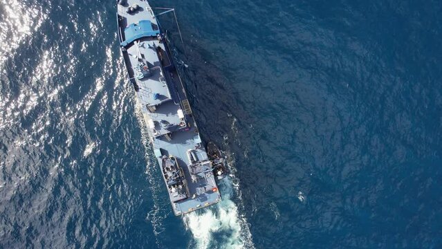 aerial shot from above on a patrol boat of the national customs police against drug trafficking.
