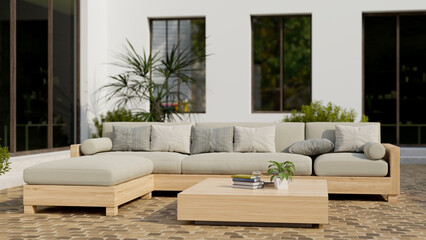 Modern contemporary home outdoor lounge or relaxing area with comfortable couch, plants