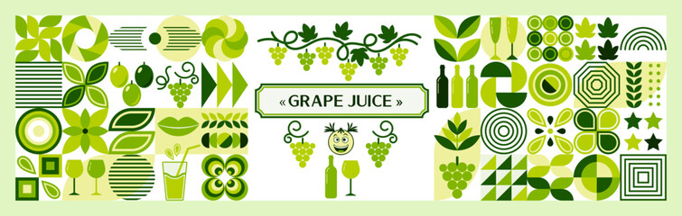 Set of design elements in simple geometric style. Grape and grape wine theme. Good for branding, decoration of food package, cover design, decorative print, background.