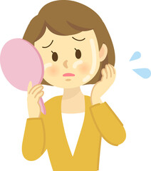 イラスト素材：肌トラブル　若い女性が「オイリー肌によるテカリ」に悩む姿（透過背景）
