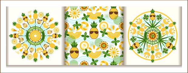 Set of round pineapple ornaments, pattern with pineapple, juice, sun in simple geometric style Stylization of Sunny beach Good for decoration of food packaging, decorative print, background