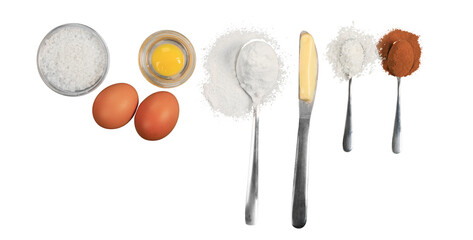 Ingredients for baking, eggs, flour, butter, milk