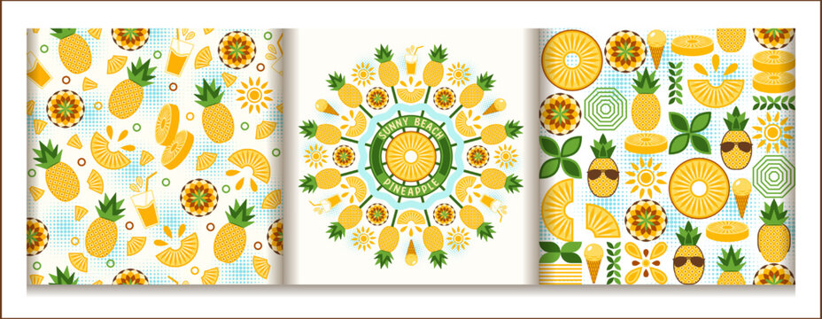 Set of round pineapple ornament, patterns with pineapple, ice cream, juice, sun in simple geometric style Stylization of Sunny beach Good for decoration of food packaging, decorative print, background