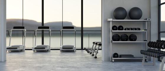Modern fitness gym center interior with treadmill machines dumbbells and sport equipments.