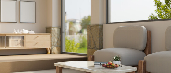 Fototapeta na wymiar Comfortable Scandinavian home lounge living room with coffee table, comfortable chair, decor.