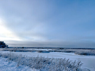 Winter view on the sea on a cloudy day, selective focus