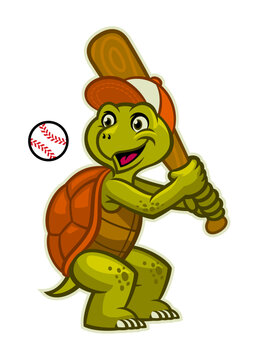 Funny Cartoon Turtle mascot playing baseball