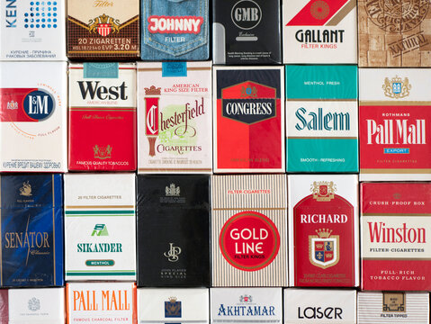 Soligorsk, Belarus - 5 September 2022: Old classic packs of tobacco cigarettes of famous or unknown brands