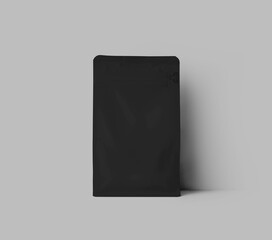 Black packaging template gusset, premium, bag isolated on wall background, close up.