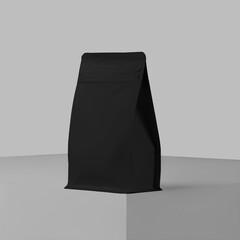 Black gusset packaging mockup, cube presentation, bag isolated on background, close up.